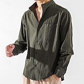 economico Casual da lavoro-Per uomo Camicia in cotone e lino Camicia con colletto cinese Camicia con colletto alla coreana Semplice Vacanza Nero Bianco Verde militare Manica Lunga Colletto alla coreana Abbigliamento Tasca