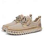 cheap Casual Lace-Up Shoes-Men's Beige Knit Casual Sneakers, Lightweight Lace-Up Comfort Walking Shoes for Daily Wear, Travel, Weekend Leisure and Smart Casual Outfits