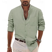 economico Casual da lavoro-Per uomo Camicia Camicia in lino e cotone Camicia in cotone bianco Camicia con colletto cinese Camicia con colletto alla coreana Maglietta informale Liscio Da mare Hawaiano Nero Bianco Vino Blu marino