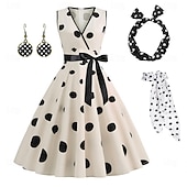 tanie stroje-damska linia a rockabilly sukienka groszki sukienka rozkloszowana sukienka rozkloszowana z zestawem akcesoriów lata 50. 60. retro vintage z opaską na głowę szyfon szalik kolczyki okulary kocie