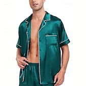 ieftine Pijamale-Bărbați Pijamale Set pijama Top și pantaloni scurți de pijama 1set Simplu Modă Stilat Clasic Casă Zilnic Pat Poliester Confort Respirabil Απαλό Rever Manșon scurt Cămașă Pantaloni Scurți Buton Talie