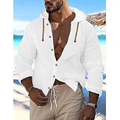 preiswerte Urlaub-Herren Hemd leinenhemd Sommerhemd Strandbekleidung Knopfhemd Glatt Urlaub Curise Schwarz Weiß Blau Khaki Langarm Mit Kapuze Frühling Sommer Bekleidung