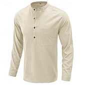 cheap Business Casual-Men&#039;s Shirt Linen Shirt Chinese Collar Shirt Mandarin Collar Shirt Popover Shirt Casual Shirt Plain Vacation Hawaiian Black White Navy Blue Green Long Sleeve Band Collar Spring &amp;  Fall Clothing