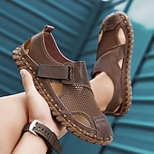 levne Pohodlné sandály-Pánské hnědé sandály z umělé kůže na suchý zip, stylová a nastavitelná outdoorová obuv pro běžné nošení v létě a dovolenou na pláži