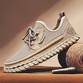 cheap Casual Lace-Up Shoes-Men's Beige Knit Casual Sneakers, Lightweight Lace-Up Comfort Walking Shoes for Daily Wear, Travel, Weekend Leisure and Smart Casual Outfits