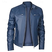 cheap Faux Leather Jackets-Male Faux Leather Jacket Transition Jacket Biker Jacket Casual Daily Travel Pocket All Seasons Solid / Plain Color Leisure Sweet Standing Collar Regular Black Royal Blue Brown Khaki Jacket