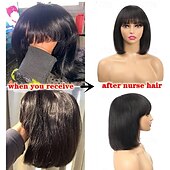 baratos Perucas capless de cabelo natural-Cabelo humano remy Peruca Curto Liso Liso Seda Prumo Bob curto Franja Lisa Com Franjas Cor natural Macio Vestir fácil Melhor qualidade Fabrico à Máquina Cabelo Brasileiro Mulheres Preto 10 polegadas