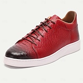 cheap Premium Leather Sneakers-Men&#039;s Dress Sneakers Leather Italian Full-Grain Cowhide Slip Resistant Lace-up Black Red
