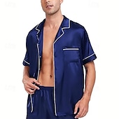 ieftine Pijamale-Bărbați Pijamale Set pijama Top și pantaloni scurți de pijama 1set Simplu Modă Stilat Clasic Casă Zilnic Pat Poliester Confort Respirabil Απαλό Rever Manșon scurt Cămașă Pantaloni Scurți Buton Talie