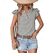 Χαμηλού Κόστους Γυναικεία Ριγέ και Γεωμετρικά Τοπ-γυναικείο πουκάμισο μπλούζα casual ριγέ βολάν στάμπα κοντό μανίκι κανονικά μπλουζάκια v λαιμό καθημερινά κόκκινο μπλε ναυτικό μπλε καφέ πράσινο καλοκαίρι