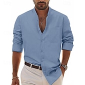 economico Casual da lavoro-Per uomo Camicia Camicia in lino e cotone Camicia in cotone bianco Camicia con colletto cinese Camicia con colletto alla coreana Maglietta informale Liscio Da mare Hawaiano Nero Bianco Vino Blu marino