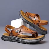 cheap Vacation Sandals-Men&#039;s Leather Sandals Slippers &amp; Flip-Flops Retro Walking Casual Daily Vacation Beach Comfortable Slip-on Shoes Yellow Gray