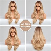 economico Parrucche trendy sintetiche-marrone marrone chiaro vino rosso nero biondo lunghe parrucche per le donne lunga parrucca riccia ondulata con la frangetta parrucca sintetica naturale per le donne capelli naturali resistente al