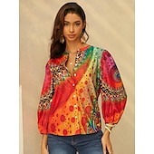 abordables Tops Boho pour Femmes-Chemise Femme Manches Longues Blouse Boutonnée Quotidienne Basique Néon  Lumineux Boutons Imprimé Hauts Regular Col en V Décontracté Jaune Orange Automne  Hiver