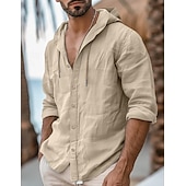 abordables Sobrecamisas de hombre-Hombre Camisa camisa de lino Plano Casual Diario Negro Blanco Azul Piscina Caqui Manga Larga Con Capucha Primavera verano Ropa Botones