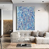 billiga Abstrakta målningar-handmålad jackson pollock abstrakt illustration målning blå vita linjer kanfasmålning för vardagsrumsvägg (ingen ram)