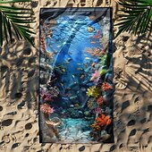 お買い得  ビーチタオルセット-ビーチタオル 夏用ビーチブランケット アンダーウォーターワールドシリーズ 3Dプリント 100%マイクロファイバー 通気性の良い快適なブランケット
