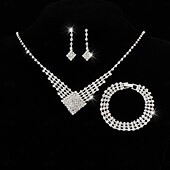 abordables Collar de mujer-Conjunto de joyas de diamantes de imitación de lujo: collar, pulsera y pendientes colgantes de cristal plateado brillante para mujer.