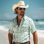 preiswerte Geometrische Muster-Herren Plaid Geometrische Muster Hemd Knopfhemd Kurzarm Vintage Hawaiianisch Resort Outdoor Täglich Hemdkragen Minzgrün