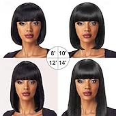 baratos Perucas capless de cabelo natural-Cabelo humano remy Peruca Curto Liso Liso Seda Prumo Bob curto Franja Lisa Com Franjas Cor natural Macio Vestir fácil Melhor qualidade Fabrico à Máquina Cabelo Brasileiro Mulheres Preto 10 polegadas