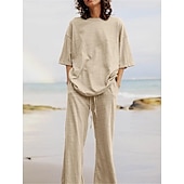cheap Sets-Women&#039;s Cotton Linen Sets Two Piece Sets Basic Pure Color Pocket Elastic Waist T Shirt Pant Street Daily Long Sleeve Crew Neck Black White Navy Blue Light Brown Blue Summer Spring
