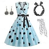 tanie stroje-damska linia a rockabilly sukienka groszki sukienka rozkloszowana sukienka rozkloszowana z zestawem akcesoriów lata 50. 60. retro vintage z opaską na głowę szyfon szalik kolczyki okulary kocie