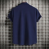 ieftine Business Casual-Bărbați Cămașă Cămașă de in Cămașă casual Cămașă din bumbac Simplu Vacanță Stradă Negru Alb Roz Îmbujorat Roșu Vin Manșon scurt Răsfrânt Vară Îmbrăcăminte Buton în jos