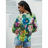 preiswerte Damen Boho Tops-Damenhemd Langarm Button-Down Bluse Alltäglich Basic Floral Knöpfe Druck Reguläre Oberteile V-Ausschnitt Lässig Urlaub Blau Grün Herbst  Winter