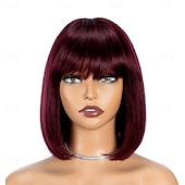 baratos Perucas capless de cabelo natural-perucas bob curto cabelo humano 8 polegadas sem cola usar e ir peruca bob com franja perucas de cabelo humano para mulheres negras cabelo humano cabelo liso brasileiro nenhuma frente de renda peruca