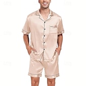 ieftine Pijamale-Bărbați Pijamale Set pijama Top și pantaloni scurți de pijama 1set Simplu Modă Stilat Clasic Casă Zilnic Pat Poliester Confort Respirabil Απαλό Rever Manșon scurt Cămașă Pantaloni Scurți Buton Talie