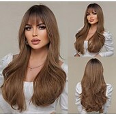 economico Parrucche trendy sintetiche-marrone marrone chiaro vino rosso nero biondo lunghe parrucche per le donne lunga parrucca riccia ondulata con la frangetta parrucca sintetica naturale per le donne capelli naturali resistente al