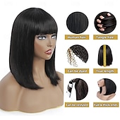 baratos Perucas capless de cabelo natural-Cabelo humano remy Peruca Curto Liso Liso Seda Prumo Bob curto Franja Lisa Com Franjas Cor natural Macio Vestir fácil Melhor qualidade Fabrico à Máquina Cabelo Brasileiro Mulheres Preto 10 polegadas