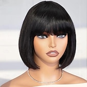 cheap Human Hair Capless Wigs-Brazilian Human Hair Wig with Bangs Remy Straight Hair Bob Wigs Full Machine Made Wig for Women 8-14Inches Glueless Bob Wig