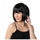 economico Parrucche trendy sintetiche-parrucca caschetto corto con frangia parrucche sintetiche diritte resistenti al calore per donna carino biondo cenere scuro mescolato con biondo 10 pollici castano chiaro nero marrone biondo chiaro