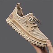cheap Casual Lace-Up Shoes-Men's Beige Knit Casual Sneakers, Lightweight Lace-Up Comfort Walking Shoes for Daily Wear, Travel, Weekend Leisure and Smart Casual Outfits