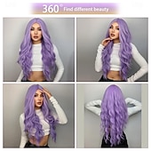 billiga Syntetiska peruker utan hätta-lila blond regnbåge body wave syntetiska peruker för kvinnor 26 tum långt lockigt hår för cosplay tjejer och kvinnor halloween fest eller daglig användning peruk