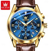 Χαμηλού Κόστους Ρολόγια Quartz-OLEVS Ανδρικό Ρολόι Κουρδιστό Μόδας Καθημερινής Χρήσης Φάση Σελήνης Λαμπερό Ημερολόγιο Χρονογράφος Ρολόι Δερμάτινο Λουράκι