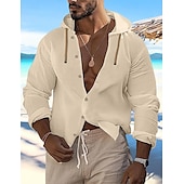 preiswerte Urlaub-Herren Hemd leinenhemd Sommerhemd Strandbekleidung Knopfhemd Glatt Urlaub Curise Schwarz Weiß Blau Khaki Langarm Mit Kapuze Frühling Sommer Bekleidung