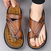 cheap Vacation Sandals-Men&#039;s Leather Sandals Slippers &amp; Flip-Flops Retro Walking Casual Daily Vacation Beach Comfortable Slip-on Shoes Yellow Gray