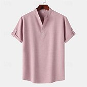 Men's Shirt Linen Shirt Chinese Collar Shirt Mandarin Collar Shirt Casual Shirt Cotton Shirt Plain Vacation Street Black Yellow Light Green Pink Short Sleeve Band Collar Summer Clothing Apparel 29
