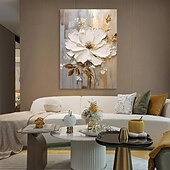 billiga Blom- och växtmålningar-handmålad texturerat guld blomma oljemålning väggkonst abstrakt vit blomma målning på duk minimalistisk modern blommig oljemålning för vardagsrum målning elegant väggdekor fancy väggkonst