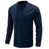 cheap Business Casual-Men&#039;s Shirt Linen Shirt Chinese Collar Shirt Mandarin Collar Shirt Popover Shirt Casual Shirt Plain Vacation Hawaiian Black White Navy Blue Green Long Sleeve Band Collar Spring &amp;  Fall Clothing