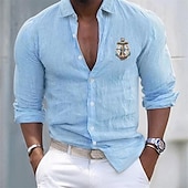 economico Vacanza-Per uomo Camicia Camicia in lino e cotone Camicia in cotone bianco Maglietta informale Ancora Informale Giornaliero Nero Bianco Rosa Grigio Manica lunga Collo ripiegabile Estate Abbigliamento