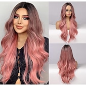 billige Syntetiske trendy parykker-svart blond mørk brun rosa parykk for kvinner lang bølget parykk midtdel parykk svart krøllet parykk syntetisk varmebestandig parykk lang parykk til daglig festbruk 26 tommer