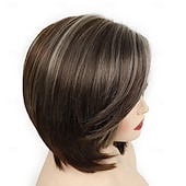 voordelige oudere pruik-pruik natuurlijk golvend asymmetrisch met pony pruik kort lichtbruin synthetisch haar dames klassiek lichtbruin korte bob pruiken met highlights natuurlijk ogende pruiken