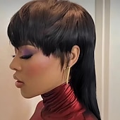 baratos Perucas capless de cabelo natural-Perucas curtas de cabelo humano brasileiro remy, corte pixie, sem cola, usam e vão completas, feitas à máquina, retas com franja