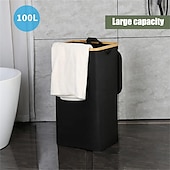 Недорогие Корзины для белья-Корзина для белья с крышкой на 100 л, корзины для белья с бамбуковыми ручками и съемным мешком для белья, большая складная корзина для белья для спальни, ванной комнаты, общежития, прачечной