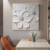 preiswerte Tiergemälde-abstraktes, dickes Ölgemälde mit weißer Blume, modern, 100 % handgefertigt, weiße Leinwand, Gemälde, Wandkunst für Wohnzimmer, rahmenloses Dekor, gespannter Rahmen, fertig zum Aufhängen oder ungerahmt