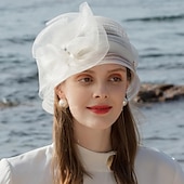 billige Festhatter-Hatter Fiber Bøttehatt Solhatt Bryllup Te Fest Elegant Bryllup Med Blomster Perledetaljer Hodeplagg Hodeplagg