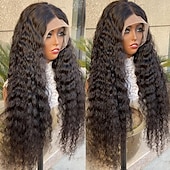 baratos Perucas de seda frontais de cabelo natural-Peruca frontal de renda transparente 13x4 com ondas profundas, cabelo humano, tamanhos de 14 a 28 polegadas para mulheres.